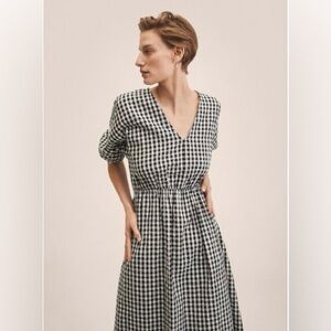 Mango Black & White Gingham V-Neck Open Back Midi Dress